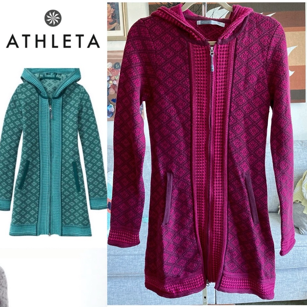Athleta Full Zip Long Hooded Sweater, Medium, Nordic Print Coatigan
